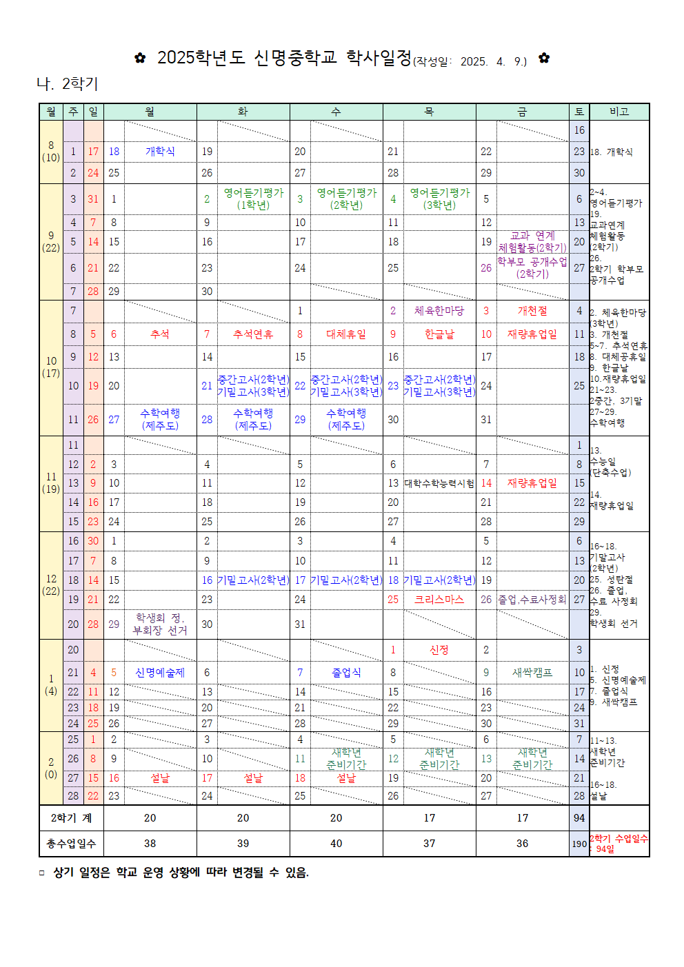 2025. 신명중학교 학사일정(2학기)